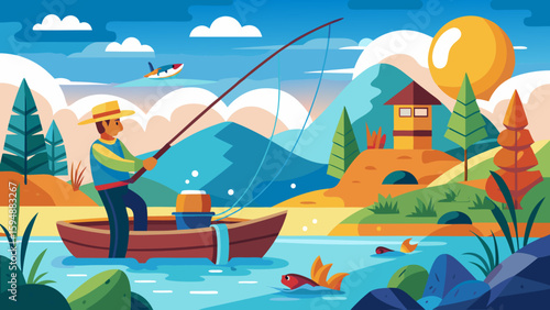 Fisherman in a boat catches fish by a scenic lake