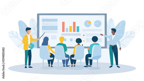 People attending a business presentation with charts and graphs on a screen in a meeting room setting