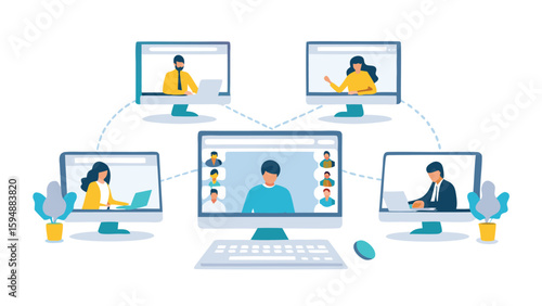 Illustration of a virtual meeting with people displayed on computer screens connected by lines