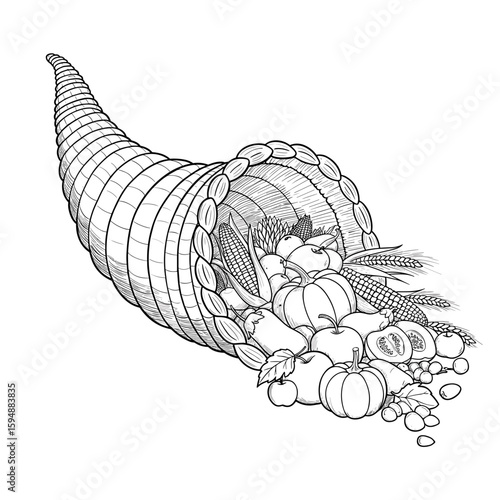 Black cornucopia filled with fruits and vegetables, Thanksgiving