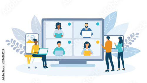 Illustration of a virtual meeting with people on screens and two people standing nearby looking on