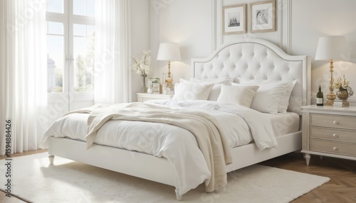 Cozy white bedroom featuring tufted headboard bed with plush pillows, soft blanket. Elegant decor with natural light from large windows enhances airy ambiance, creating luxurious comfort, inviting