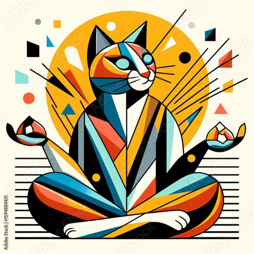 Meditating colorful cat in abstract style with geometric shapes on light background