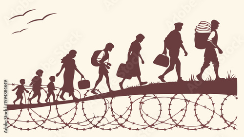 Silhouette of refugee family walking over barbed wire. Migrants escaping war, people seeking asylum. Immigration journey.