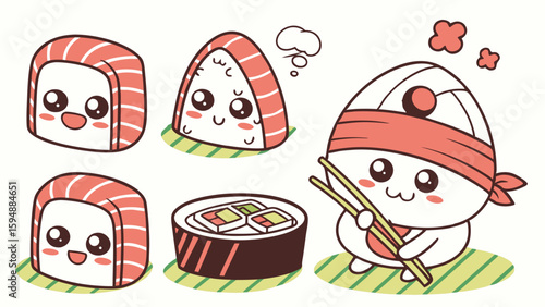 Cute kawaii sushi and onigiri characters vector illustration set. Happy Japanese food cartoon collection.