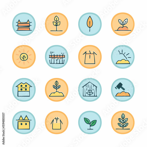 A collection of colorful vector illustrations of gardening and farming icons, including plants, tools, and structures, on a white background.