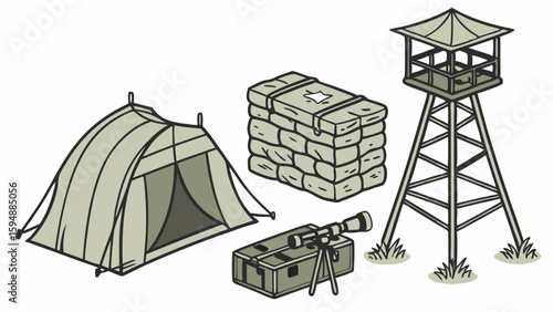 Military Camp Setup With Tent, Watchtower, Sandbags, And Telescope. Base Defense And Surveillance.