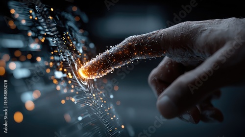 Hand interacts with immersive metaverse dashboard, revealing next-gen data, virtual analytics, and digital transformation tech for futuristic business and communication.