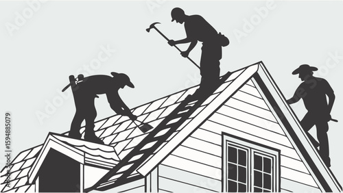 Professional roofers working on a house roof. Construction team installing shingles. Home renovation and building repair project.