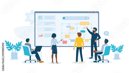 Group of people in a meeting discussing a flowchart on a large screen in an office setting indoors