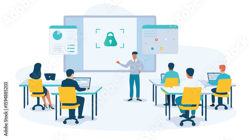 Illustration of a security training session with instructor and students using laptops in a classroom setting