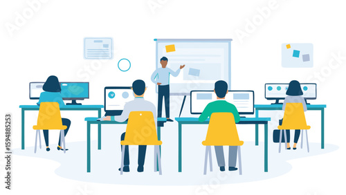 Illustration of a training session with students at computers and a teacher at the whiteboard