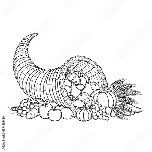 Outlined cornucopia filled with apples, pumpkins, and grapes