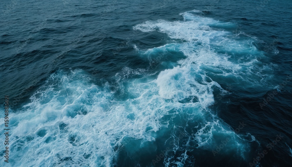 Fototapeta premium Dark blue ocean waves with white foam create a turbulent texture. Dynamic sea swirl captures powerful water motion, deep aquatic surface patterns, and wild currents.