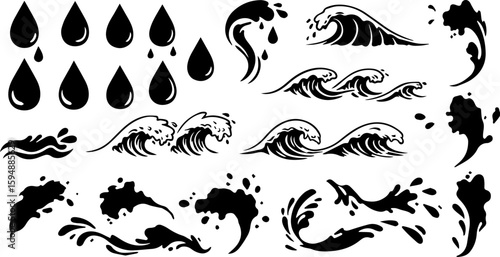 Vector art set of black silhouette tribal fire flower and bird leaf symbols