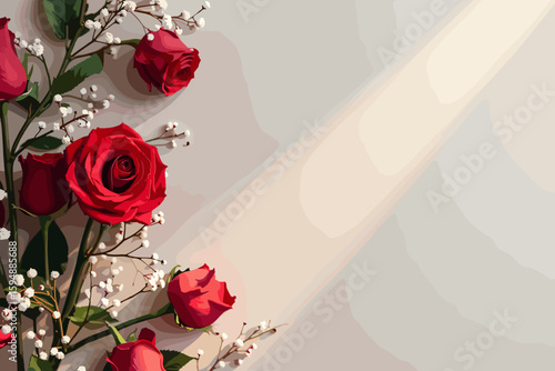 Close-up of bright red roses with rich crimson hues that evoke deep romance and passion, for Valentine's Day cards or luxurious banners.