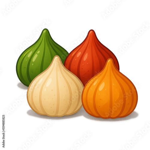 Colorful Indian Modaks in green, red, white, and orange, symbolizing Ganesh Chaturthi sweets, janmashtami, hindu festival, isolated on transparent background for festive and food themes

