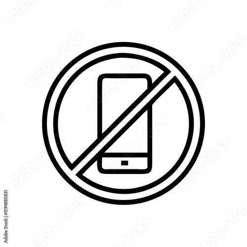 Minimalist black outline vector icon of a mobile phone inside a crossed-out circle, symbolizing phone use prohibition, no mobile zones, and digital restriction. Isolated on a transparent background