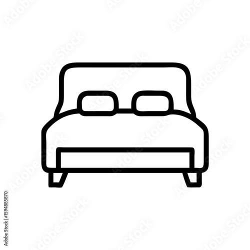 Minimalist black outline vector icon of a bed, symbolizing home comfort, rest, and relaxation. Isolated on a transparent background