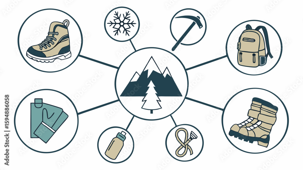 Fototapeta premium Essential outdoor gear for mountain hiking, climbing, and winter adventures. Backpacking equipment and trekking supplies concept.
