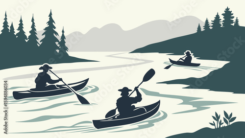 Silhouettes of people kayaking on a tranquil river. Outdoor water sports, adventure, and recreation in a natural landscape.