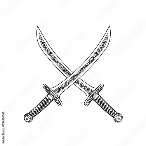 Crossed Damascus steel blades vector illustration