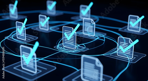 Interconnected digital documents with checkmarks, signifying approved files in a network system.