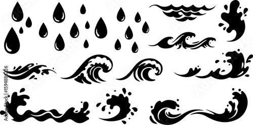 Vector art set of black silhouette tribal fire flower and bird leaf symbols