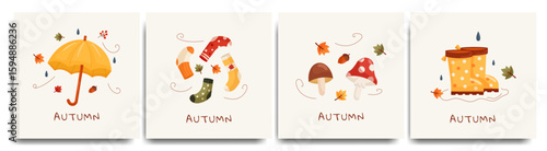 Autumn postcard set. Cozy fall season greeting cards with umbrella, socks, mushrooms and rain boots. Vector isolated.