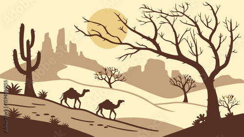 Desert landscape with camels walking on sand dunes under a warm sun. Hot arid wilderness travel and adventure journey.