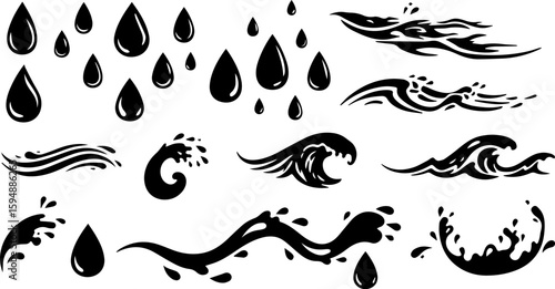 Vector art set of black silhouette tribal fire flower and bird leaf symbols