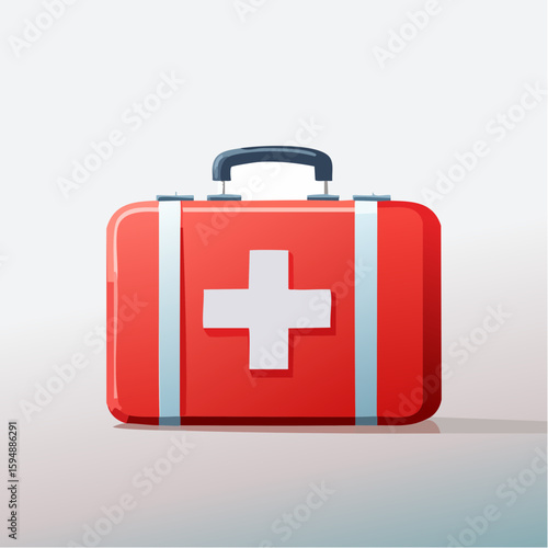 A vibrant, glossy red first aid kit illustration featuring a white cross emblem, handle, and side stripes against a light gradient background.