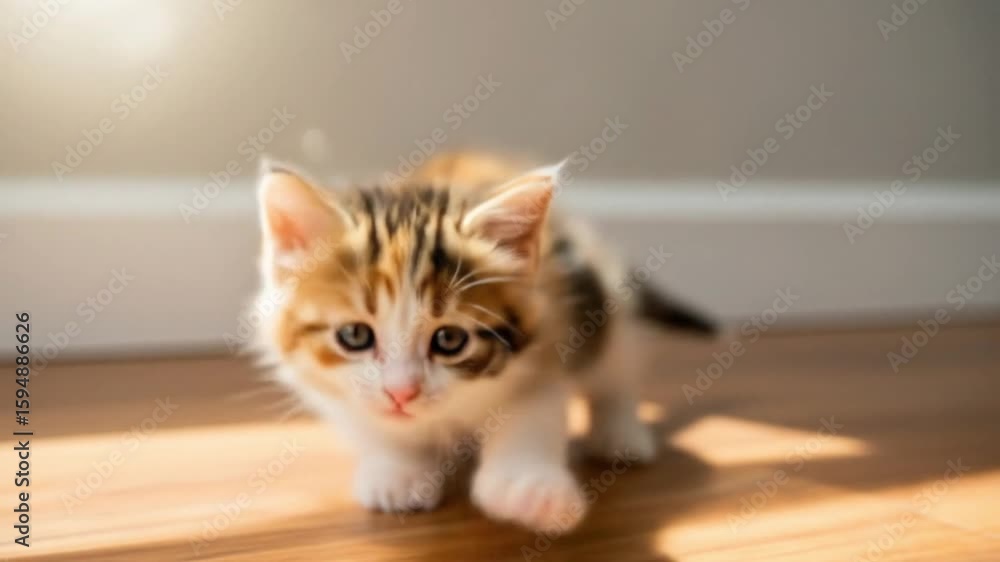 White cute domestic feline cat kitten portrait with green eyes and furry whiskers on the floor, table, and bed White cute domestic feline cat kitten portrait with green eyes and furry whiskers on the floor, table, and bed