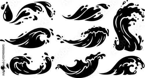 Vector art set of black silhouette tribal fire flower and bird leaf symbols