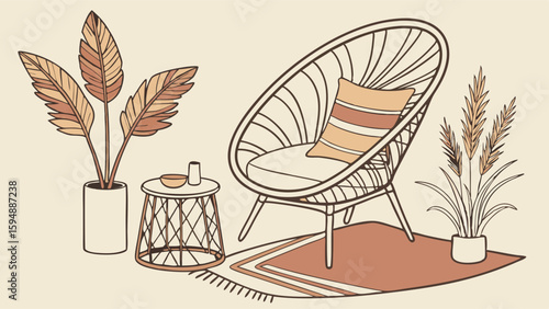 Cozy boho chic home interior with natural wicker chair, potted plants, side table, and rug. Earthy decor.