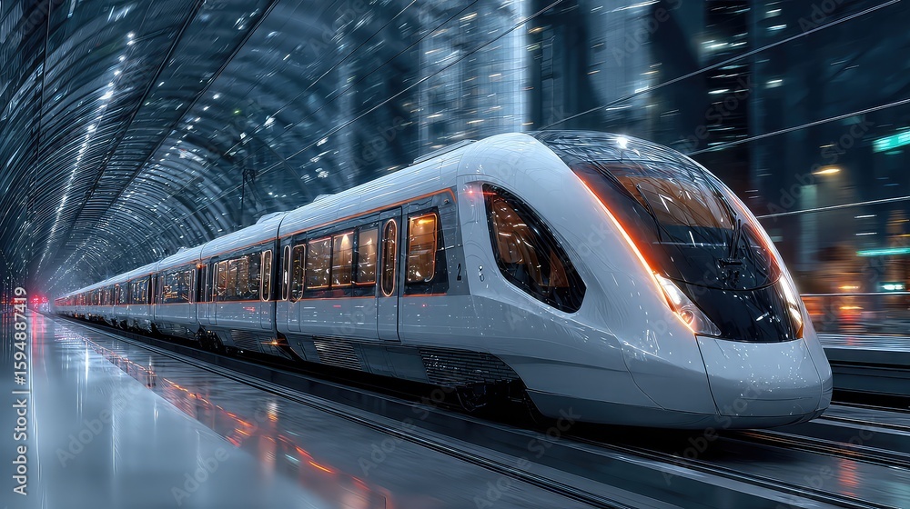 Naklejka premium High-speed transport pod travels through sleek tunnel, symbolizing futuristic urban mobility, magnetic propulsion, and ultra-fast smart travel innovations in infrastructure.