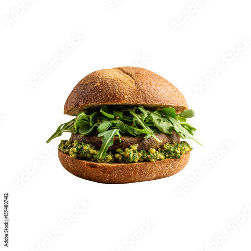 Delicious Vegetarian Burger with Pesto and Arugula on a Whole Wheat Bun