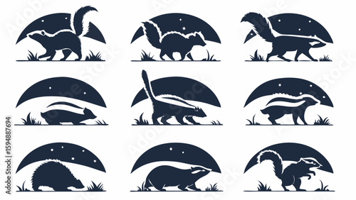 Skunk and Badger Silhouette Animal Icons Set. Wildlife Night Vector Logos. Nature and Outdoors Design Collection