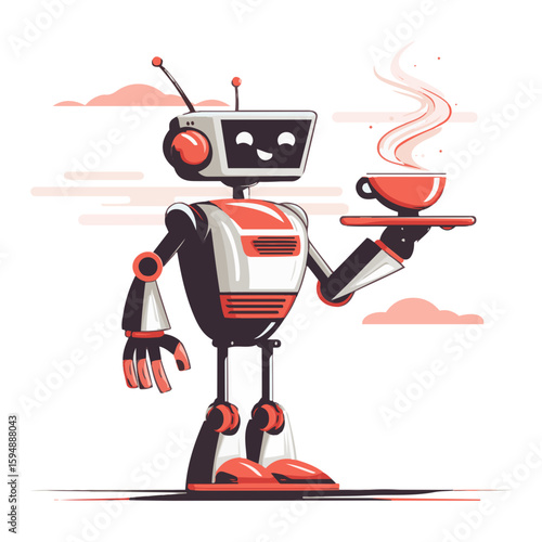 Retro Futuristic Vector Illustration of Smiling Robot Holding Steaming Cup of Coffee with Abstract Background