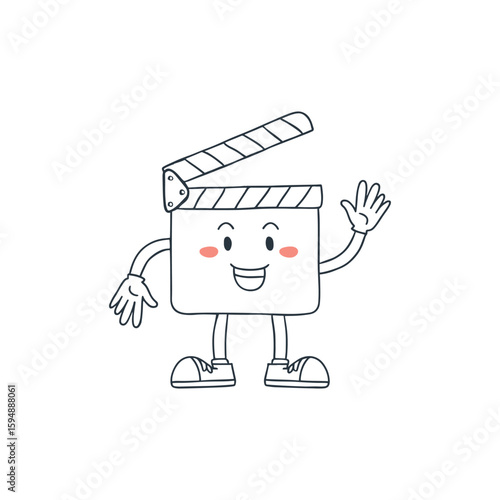 Illustration of a movie clapper board mascot with waving hand