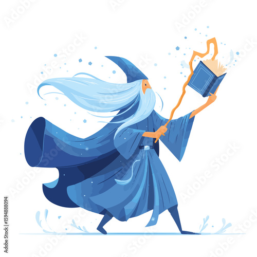 Blue Wizard Casting Spell from Magical Book with Flowing Hair and Cloak