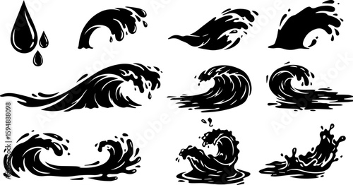 Vector art set of black silhouette tribal fire flower and bird leaf symbols