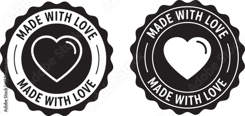 Heart emblem with text black white, black, white, heart, love, made with love, emblem, badge, stamp, circular, graphic, design, symbol, illustration, typography, text, message, sentiment, craft, handm
