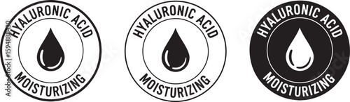 Hyaluronic acid moisturizing drop seal cosmetic, hyaluronic acid, moisturizing, drop, seal, cosmetic, skincare, beauty, hydration, serum, ingredient, label, icon, black, white, circular, graphic, heal
