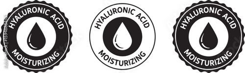 Hyaluronic acid moisturizing droplet seal emblem, hyaluronic acid, moisturizing, droplet, seal, emblem, cosmetic ingredient, skincare, hydration, beauty, health, liquid, drop, circular, black and whit