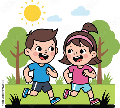 Cartoon Boy and Girl Running Together Smiling Wearing Athletic Clothes.