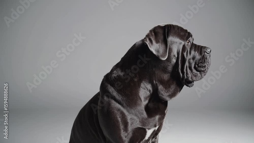 Adult Neapolitan Mastiff seated against plain white background