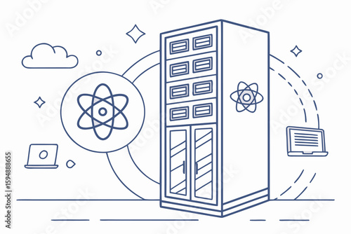 Illustration of a server rack with atom symbols and laptops connected by dashed lines on white background