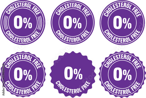 Purple cholesterol free zero percent labels seal, purple, cholesterol free, zero percent, label, seal, badge, health, nutrition, food, product, certification, endorsement, graphic, design, circular, t