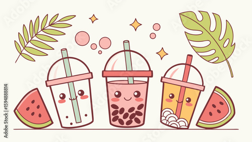 Kawaii bubble tea drinks vector illustration. Cute boba tea set with watermelon and tropical leaves. Summer refreshing beverages.